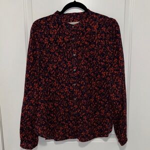 LOFT Navy and Red Floral Blouse